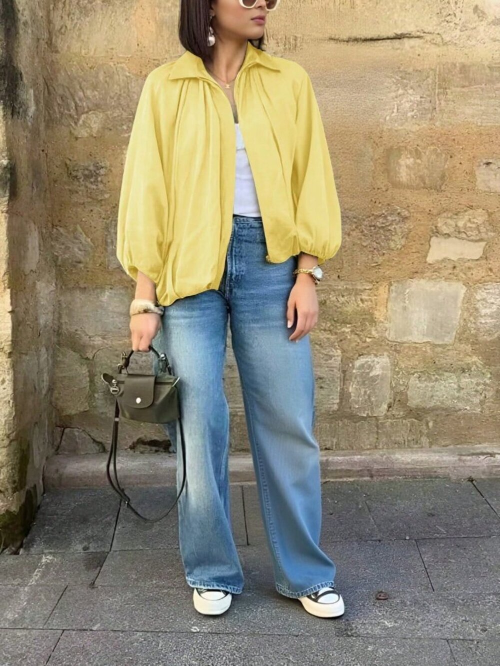 Yellow Casual Women's Puff Sleeve Bomber Jacket lightweight jacket